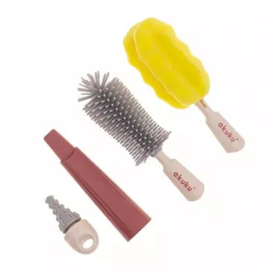Akuku buteliukų, puodelių ir žindukų silikoninis šepetys su kempine, beige/pink, A0512